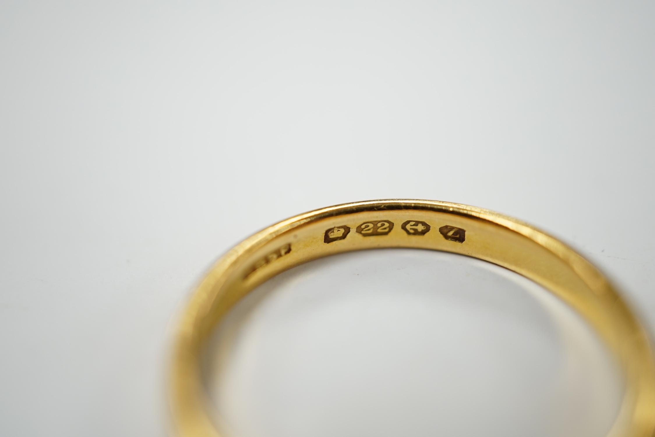 Two 22ct gold wedding bands, 4.3 grams. Condition - fair